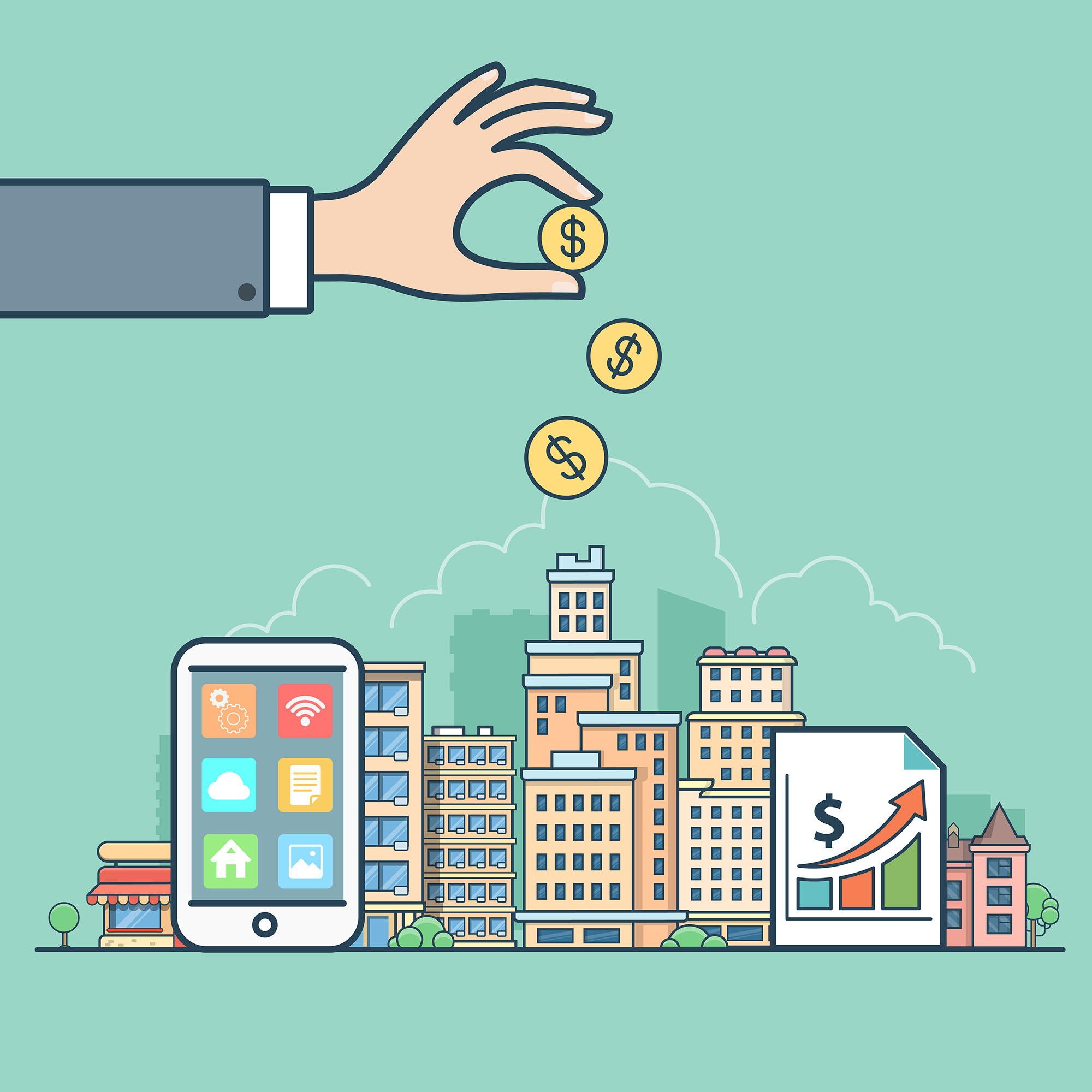 Linear flat Real Estate profit icons website vector illustration. Realtor hand coins money and smartphone on Urban buildings city landscape. Architecture sale rental property retail