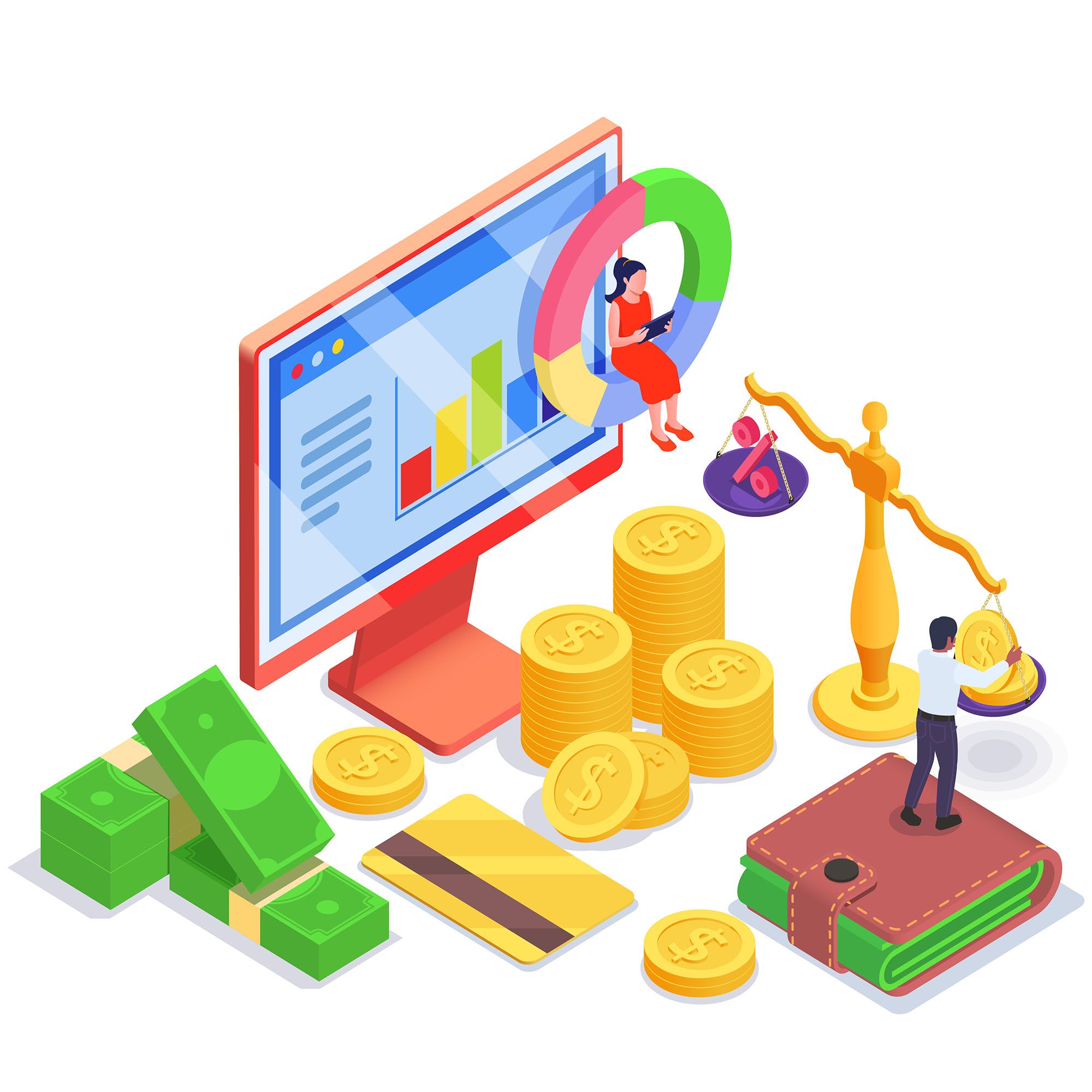 Financial education literacy isometric concept abstract situation of two people and around them the elements and devices for money circulation vector illustration